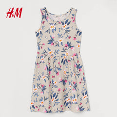 H&M BLUE FLORAL PRINTED LIGHT BEIGE DRESS