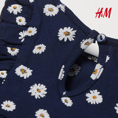 H&M DARK BLUE FLORAL FLOUNCE TRIMMED JERSEY DRESS