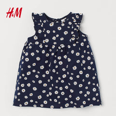 H&M DARK BLUE FLORAL FLOUNCE TRIMMED JERSEY DRESS