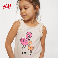 H&M FLAMINGOS RUFFLE-TRIMMED JERSEY TOP