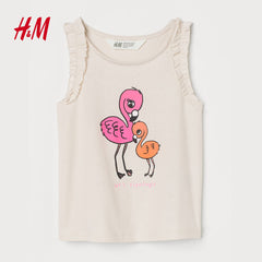 H&M FLAMINGOS RUFFLE-TRIMMED JERSEY TOP