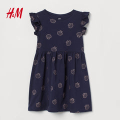 H&M GLITTERY SHELLS PRINTED NAVY JERSEY DRESS