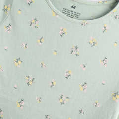 H&M GREEN LONG SLEEVE FLORAL PRINTED T-SHIRT