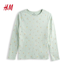 H&M GREEN LONG SLEEVE FLORAL PRINTED T-SHIRT