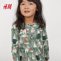 H&M GREEN WINTER ANIMALS PRINTED JERSEY DRESS