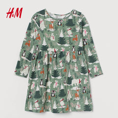 H&M GREEN WINTER ANIMALS PRINTED JERSEY DRESS