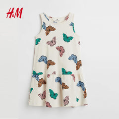H&M LIGHT BEIGE BUTTERFLIES SLEEVELESS PRINTED DRESS