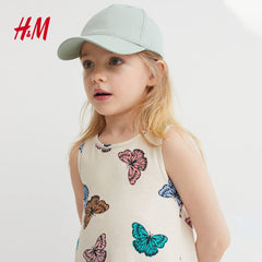 H&M LIGHT BEIGE BUTTERFLIES SLEEVELESS PRINTED DRESS