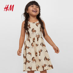 H&M LIGHT BEIGE HORSES PRINTED SLEEVELESS DRESS