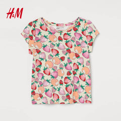 HM LIGHT BEIGE STRAWBERRIES PRINTED JERSEY TOP