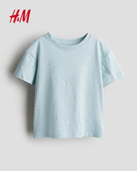 H&M LIGHT BLUE HEARTS PRINTED JERSEY TOP