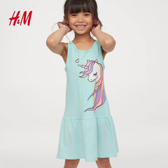 H&M LIGHT BLUE UNICORN PRINTED PATTERNED JERSEY DRESS