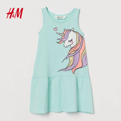 H&M LIGHT BLUE UNICORN PRINTED PATTERNED JERSEY DRESS