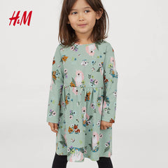 H&M LIGHT GREEN FOREST ANIMALS PRINTED JERSEY DRESS