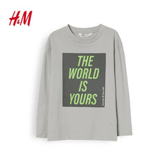H&M LIGHT GREY LONG SLEEVE PRINTED JERSEY T-SHIRT