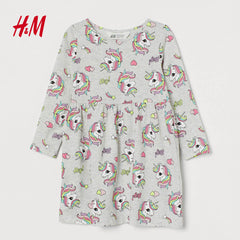 H&M LIGHT GREY UNICORNS WITH TEXT PRINTED JERSEY DRESS