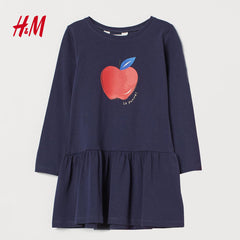 H&M NAVY APPLE PRINTED JERSEY DRESS