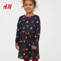 H&M NAVY DOTTED PATTERNED LONG SLEEVE JERSEY DRESS