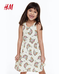 H&M OFF WHITE UNICORNS PRINTED JERSEY DRESS