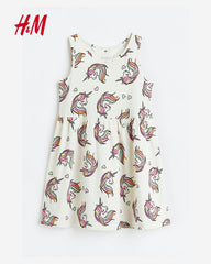 H&M OFF WHITE UNICORNS PRINTED JERSEY DRESS