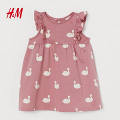 H&M OLD ROSE SWANS FLOUNCE TRIMMED JERSEY DRESS