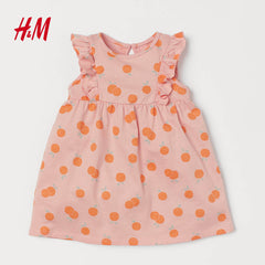 H&M POWDER PINK ORANGES FLOUNCE TRIMMED JERSEY DRESS