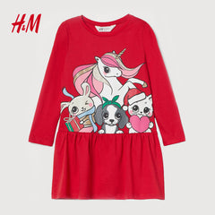 H&M RED CHRISTMAS GANG PRINTED COTTON JERSEY DRESS