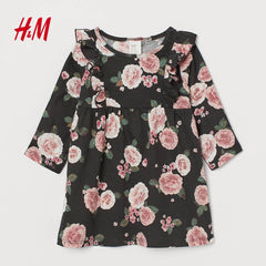H&M ROSES PRINTED RUFFLE TRIMMED JERSEY DRESS