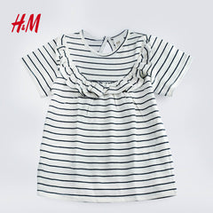 H&M STRIPED FLOUNCE TRIMMED COTTON DRESS