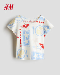H&M WHITE CIAO FLUTTER SLEEVE PRINTED TOP