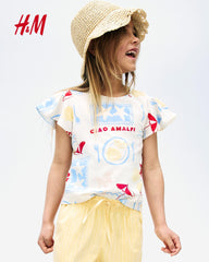 H&M WHITE CIAO FLUTTER SLEEVE PRINTED TOP