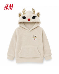 H&M CREAM REINDEER PLUSH FLEECE HOODIE