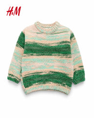 H&M GIRLS GREEN & BEIGE SPACE DYE KNIT CREWNECK JUMPER