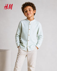 H&M GREEN STRIPED COTTON BAND COLLAR SHIRT