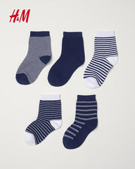 H&M KIDS 5 PACK COTTON CREW SOCKS - NAVY & WHITE STRIPES