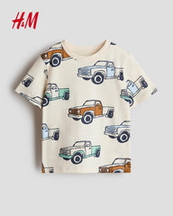 H&M LIGHT BEIGE CARS PRINTED SHORT SLEEVE T-SHIRT