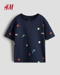 H&M NAVY BLUE SPORTS PRINTED T-SHIRT