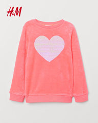 H&M NEON PINK HEART PILE SWEATSHIRT WITH SEQUINS