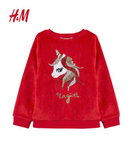 H&M RED FLEECE SEQUINED UNICORN SWEATSHIRT
