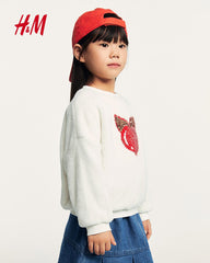 H&M WHITE HEART SEQUINED PILE SWEATSHIRT