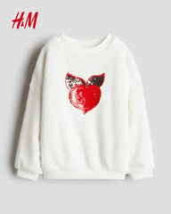 H&M WHITE HEART SEQUINED PILE SWEATSHIRT