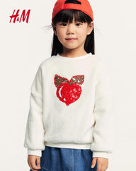 H&M WHITE HEART SEQUINED PILE SWEATSHIRT