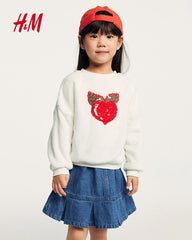 H&M WHITE HEART SEQUINED PILE SWEATSHIRT