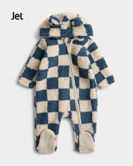 JET BLUE & CREAM CHECKERED TEDDY FLEECE ROMPER