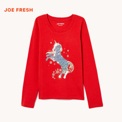 JOE FRESH GIRLS RED SEQUINED LONG SLEEVE T-SHIRT