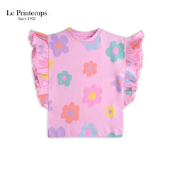 LE PRINTEMPS PINK FLOWERS PRINTED RUFFLED TOP