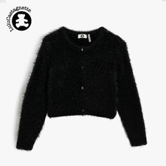LuluCASTAGNETTE BLACK FLUFFY CROP STYLE CARDIGAN