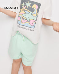 MANGO AQUA GREEN COTTON SHORTS WITH DRAWSTRING