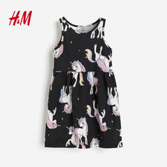 H&M BLACK UNICORN PRINTED DRESS