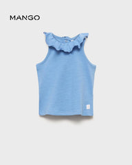 MANGO BLUE RUFFLE NECK T-SHIRT